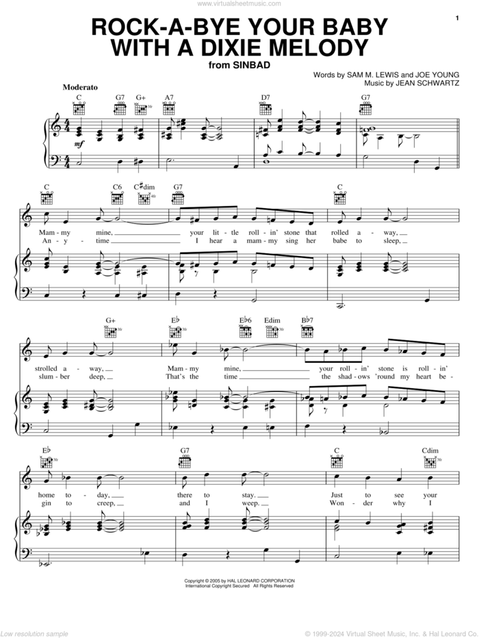 Rock-A-Bye Your Baby With A Dixie Melody sheet music for voice, piano or guitar by Al Jolson, Judy Garland, Sammy Davis, Jr., Jean Schwartz, Joe Young and Sam Lewis, intermediate skill level