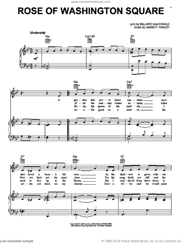 Rose Of Washington Square sheet music for voice, piano or guitar by Benny Goodman, Pee Wee Russell, Ballard MacDonald and James Hanley, intermediate skill level