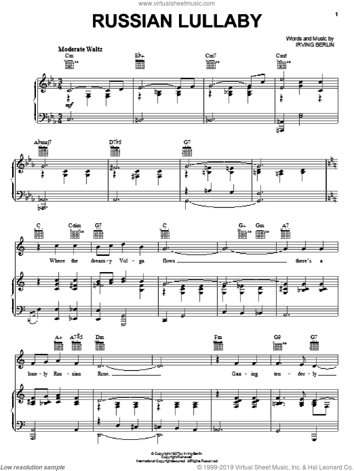Russian Lullaby sheet music for voice, piano or guitar by Irving Berlin, Cab Calloway and Louis Armstrong, intermediate skill level