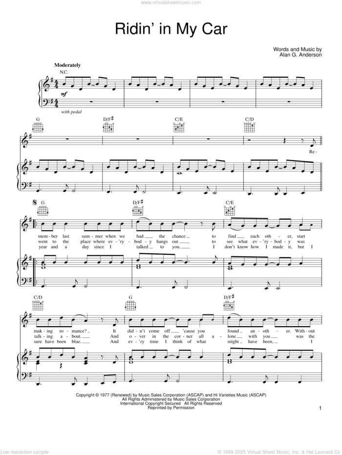 Ridin' In My Car sheet music for voice, piano or guitar by She & Him and Alan G. Anderson, intermediate skill level