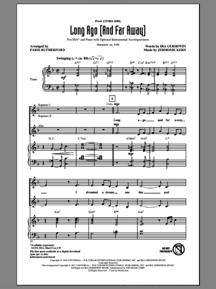 Long Ago (And Far Away) sheet music for choir (SSA: soprano, alto) by Jerome Kern, Ira Gershwin and Paris Rutherford, intermediate skill level