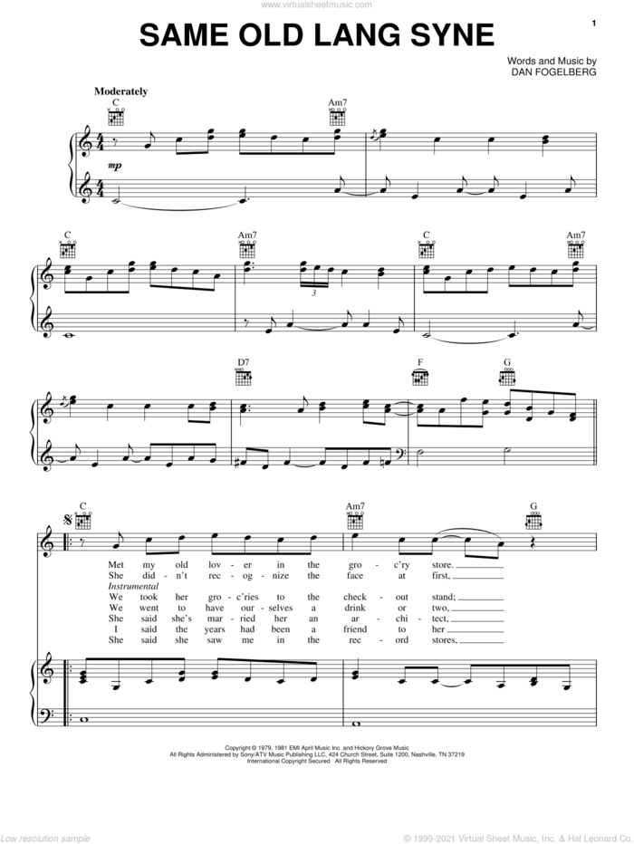 Same Old Lang Syne sheet music for voice, piano or guitar by Dan Fogelberg, intermediate skill level