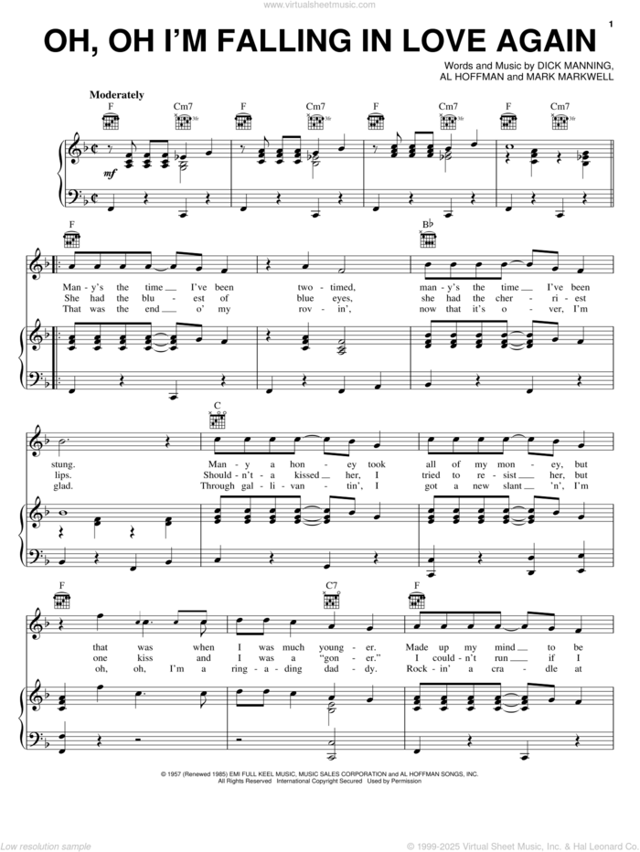 Oh, Oh I'm Falling In Love Again sheet music for voice, piano or guitar by Jimmie Rodgers, Al Hoffman, Dick Manning and Mark Markwell, intermediate skill level