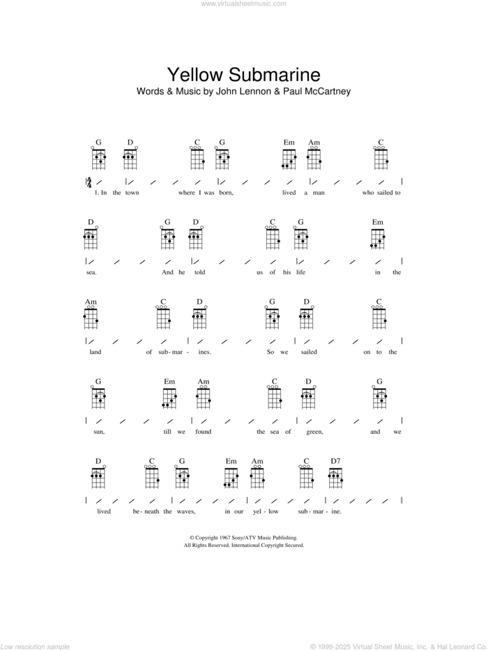 Yellow Submarine sheet music for ukulele (chords) by The Beatles, John Lennon and Paul McCartney, intermediate skill level