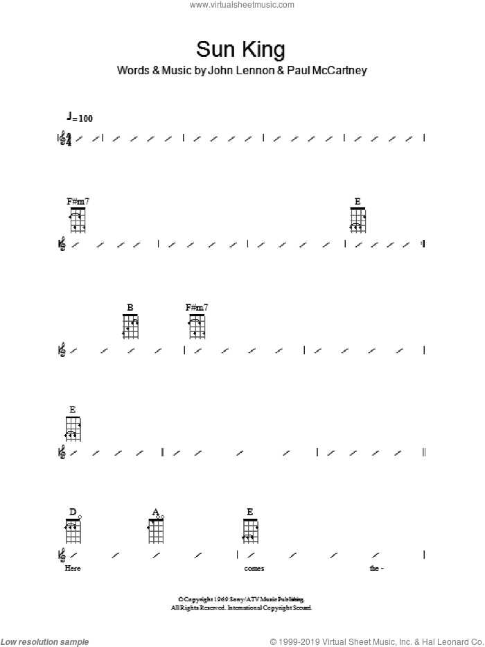 Sun King sheet music for ukulele (chords) by The Beatles, John Lennon and Paul McCartney, intermediate skill level