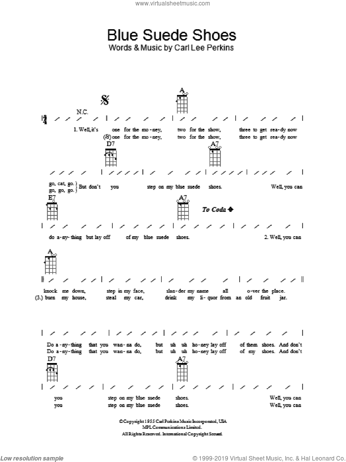 Blue Suede Shoes sheet music for ukulele (chords) by Elvis Presley and Carl Perkins, intermediate skill level