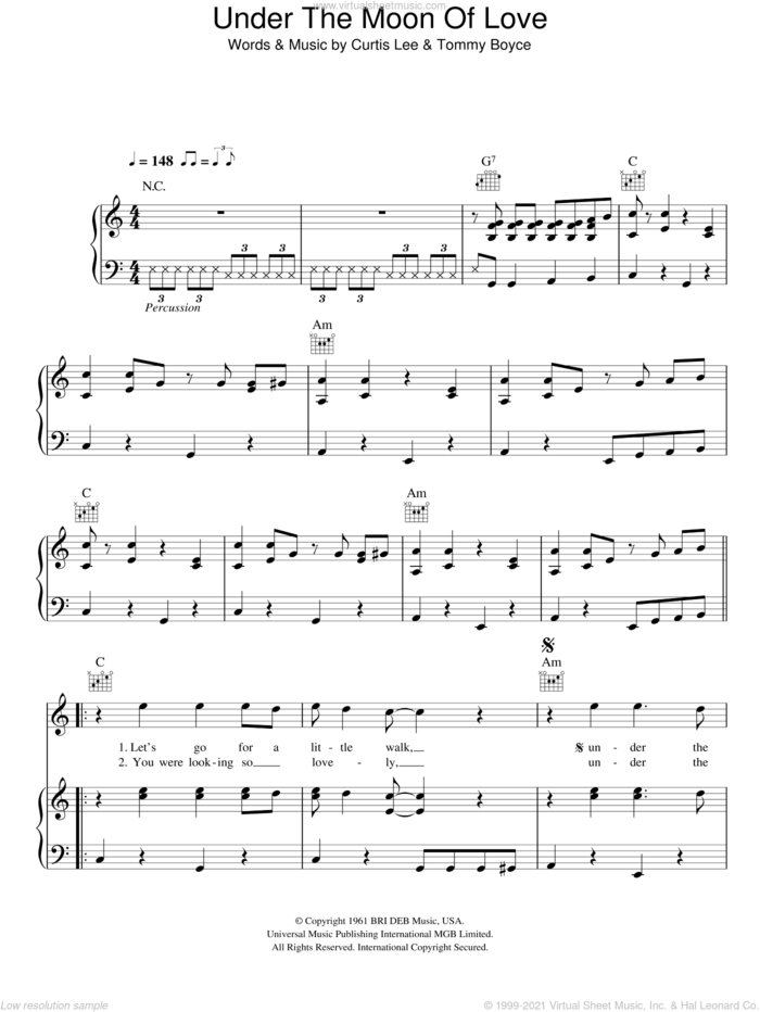 Under The Moon Of Love sheet music for voice, piano or guitar by Showaddywaddy, Curtis Lee and Tommy Boyce, intermediate skill level