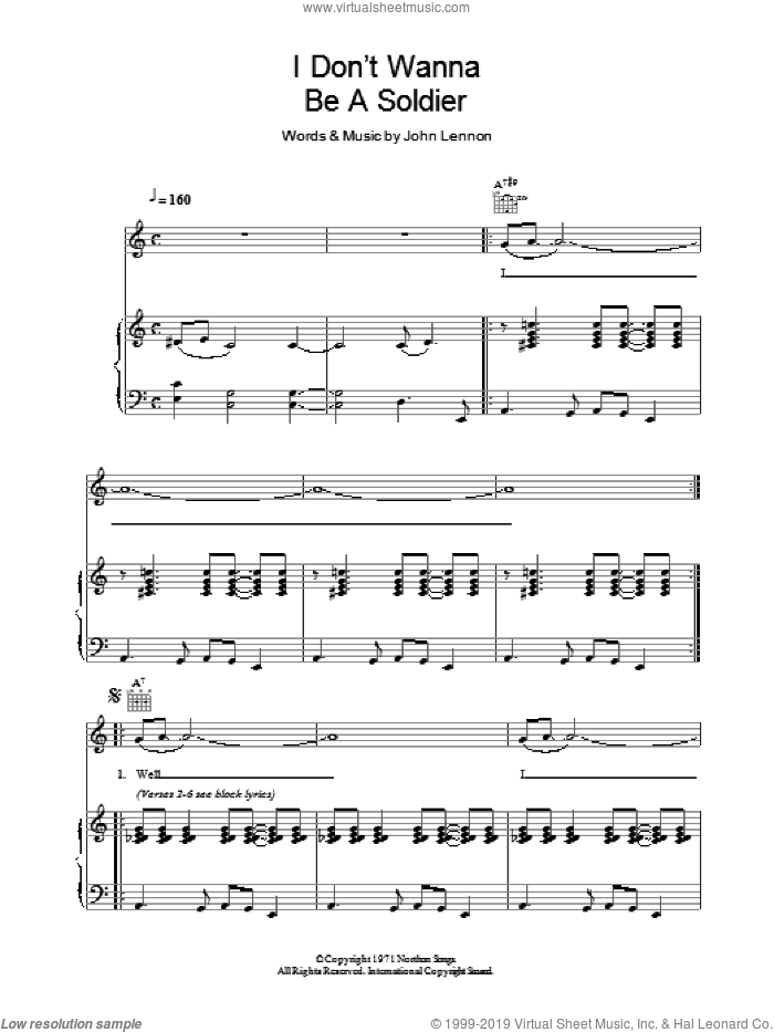 I Don't Wanna Be A Soldier sheet music for voice, piano or guitar by John Lennon, intermediate skill level