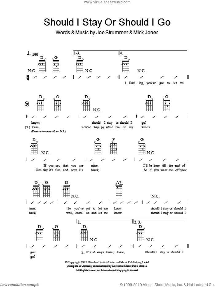 Should I Stay Or Should I Go sheet music for ukulele (chords) by The Clash, Joe Strummer and Mick Jones, intermediate skill level