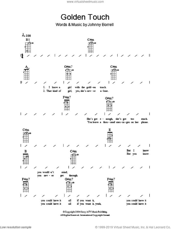 Golden Touch sheet music for ukulele (chords) by Razorlight and Johnny Borrell, intermediate skill level