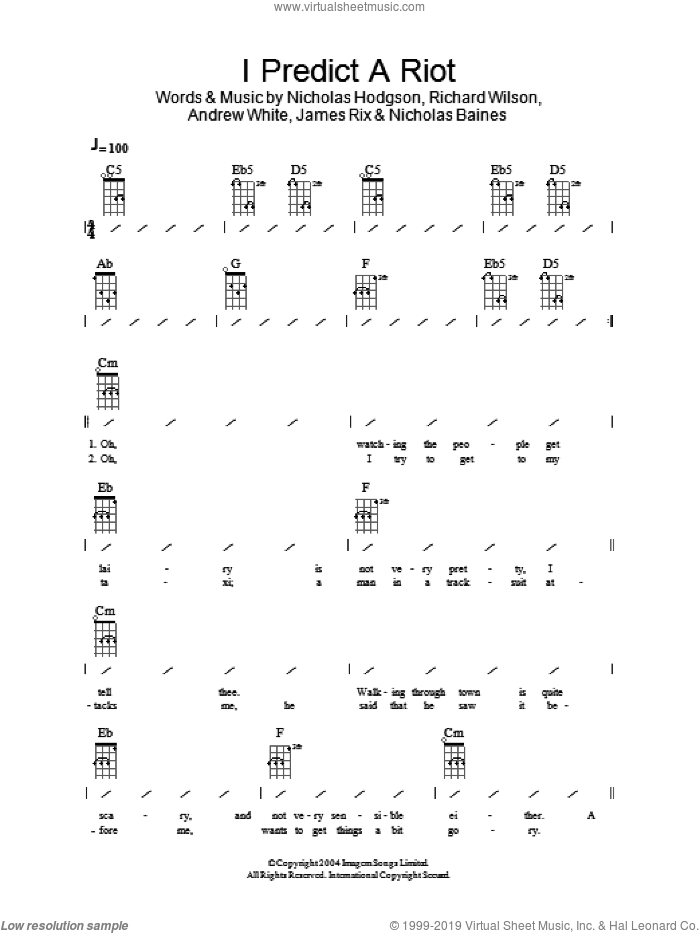 I Predict A Riot sheet music for ukulele (chords) by Kaiser Chiefs, Andrew White, James Rix, Nicholas Baines, Nicholas Hodgson and Richard Wilson, intermediate skill level