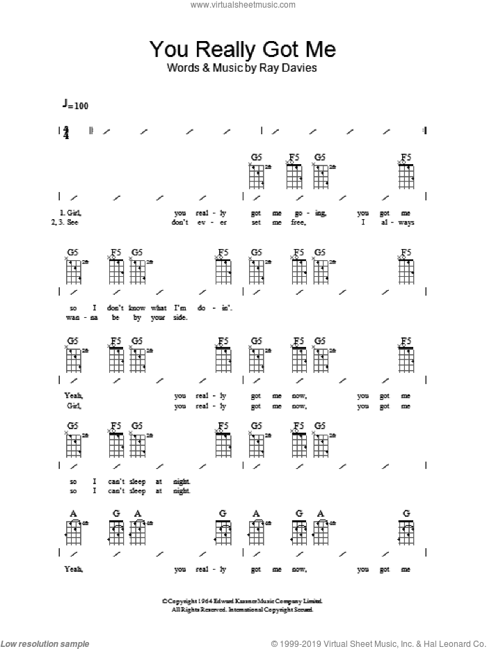 You Really Got Me sheet music for ukulele (chords) by The Kinks and Ray Davies, intermediate skill level