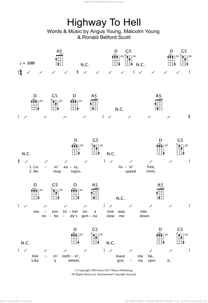 Highway To Hell sheet music for ukulele (chords) by AC/DC, Angus Young, Bon Scott and Malcolm Young, intermediate skill level