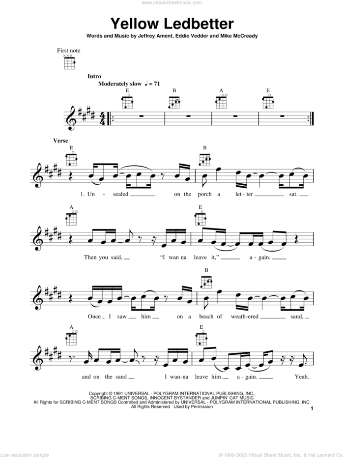 Yellow Ledbetter sheet music for ukulele by Pearl Jam, Eddie Vedder, Jeffrey Ament and Mike McCready, intermediate skill level