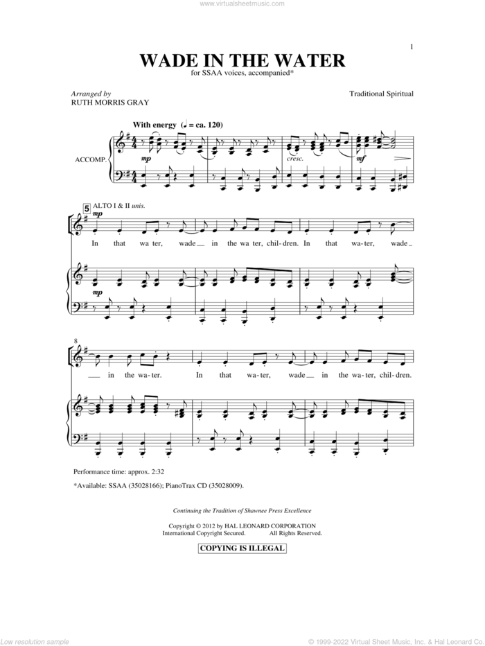Wade In The Water sheet music for choir (SSA: soprano, alto) by Ruth Morris Gray and Miscellaneous, intermediate skill level