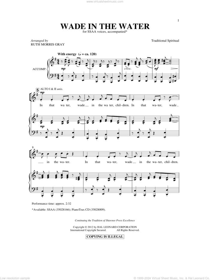 Wade In The Water sheet music for choir (SSA: soprano, alto) by Ruth Morris Gray and Miscellaneous, intermediate skill level