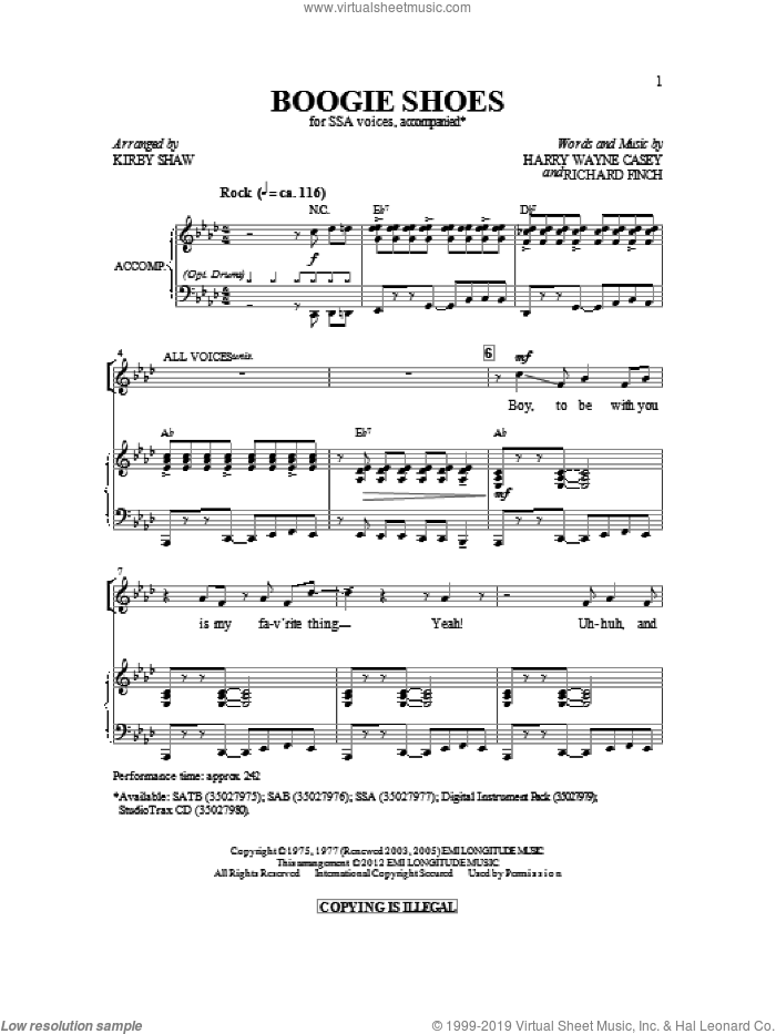 Boogie Shoes sheet music for choir (SSA: soprano, alto) by Harry Wayne Casey, Richard Finch, Bee Gees, KC & The Sunshine Band and Kirby Shaw, intermediate skill level