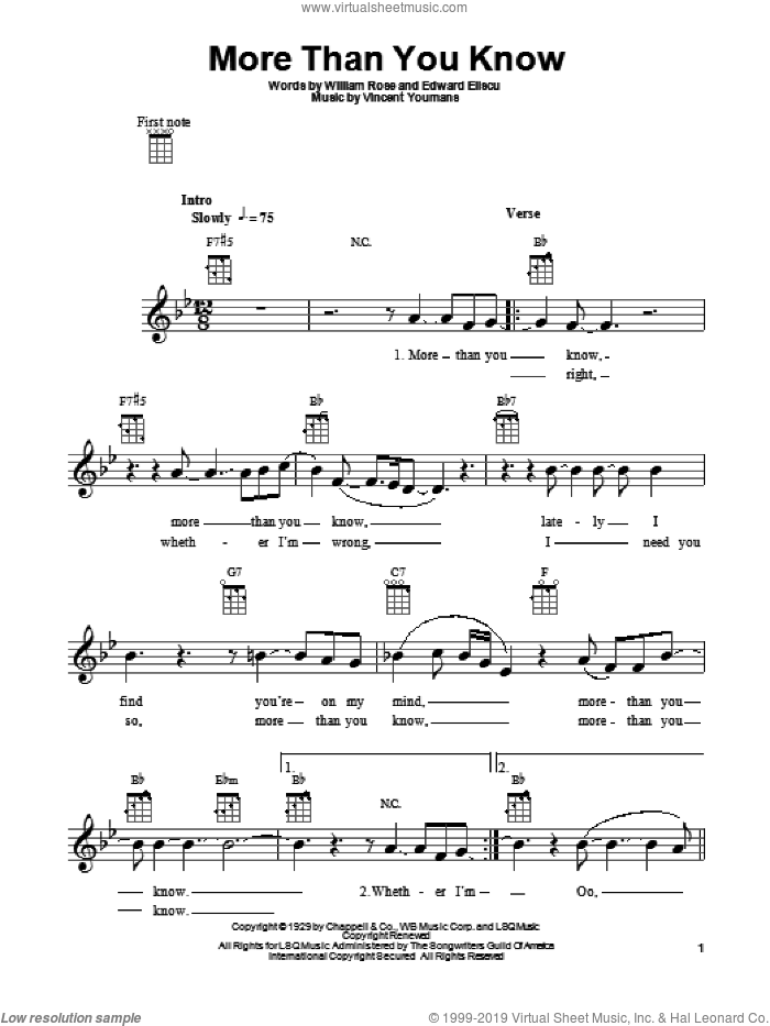 More Than You Know sheet music for ukulele by William Rose, Edward Eliscu and Vincent Youmans, intermediate skill level
