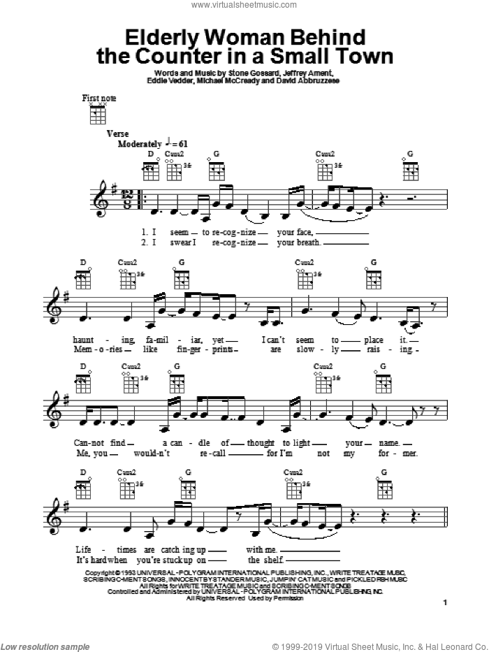 Elderly Woman Behind The Counter In A Small Town sheet music for ukulele by Pearl Jam, David Abbruzzese, Eddie Vedder, Jeffrey Ament, Michael McCready and Stone Gossard, intermediate skill level