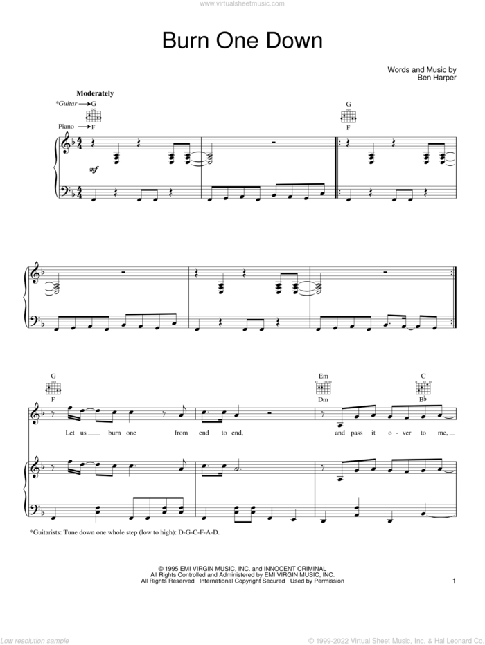 Burn One Down sheet music for voice, piano or guitar by Ben Harper, intermediate skill level