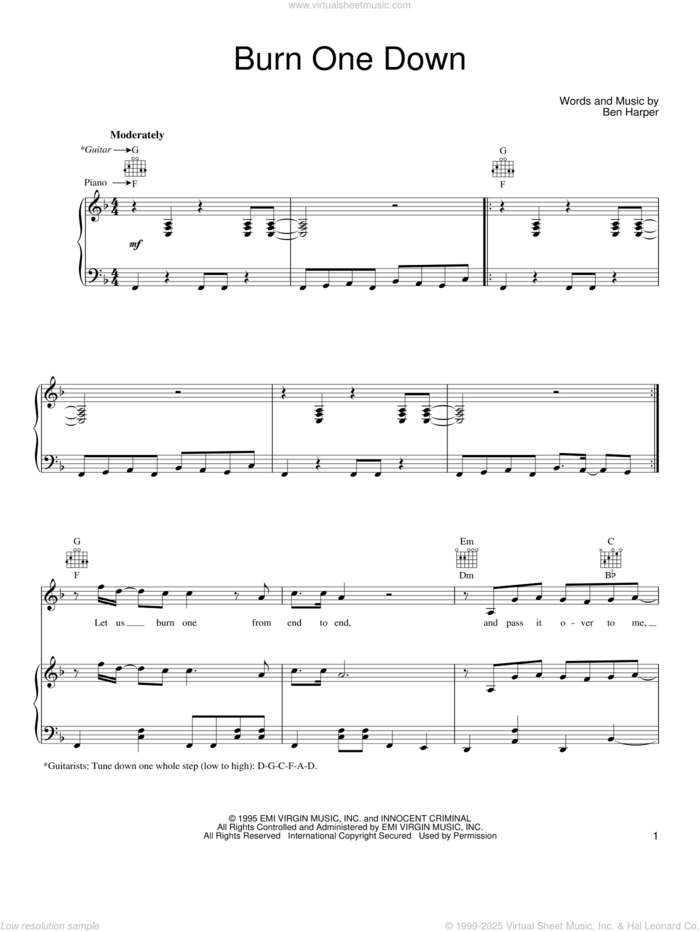 Burn One Down sheet music for voice, piano or guitar by Ben Harper, intermediate skill level