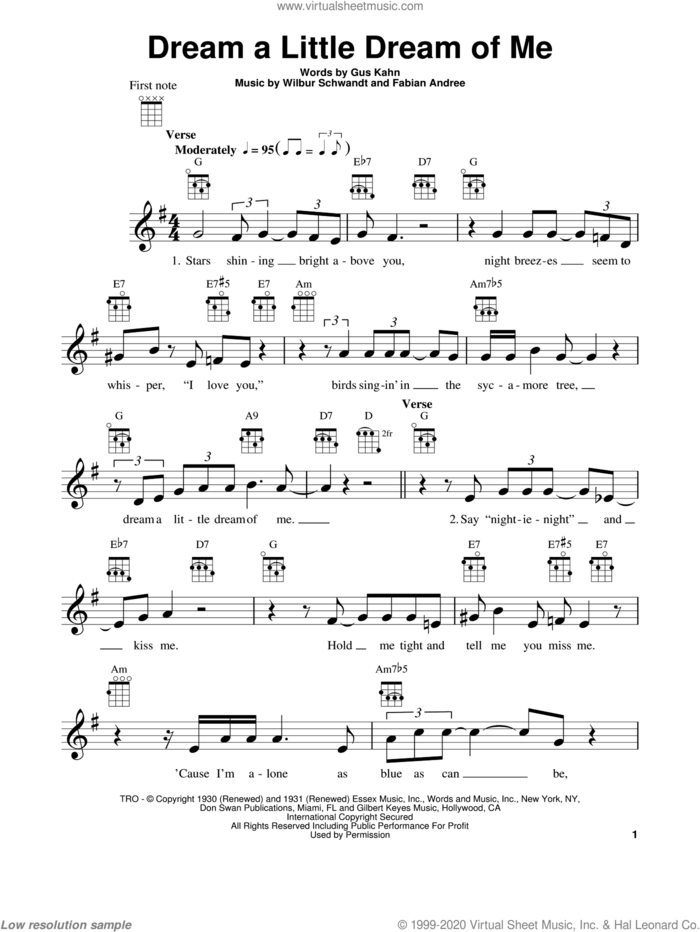 Dream A Little Dream Of Me sheet music for ukulele by The Mamas & The Papas, Fabian Andree, Gus Kahn and Wilbur Schwandt, intermediate skill level