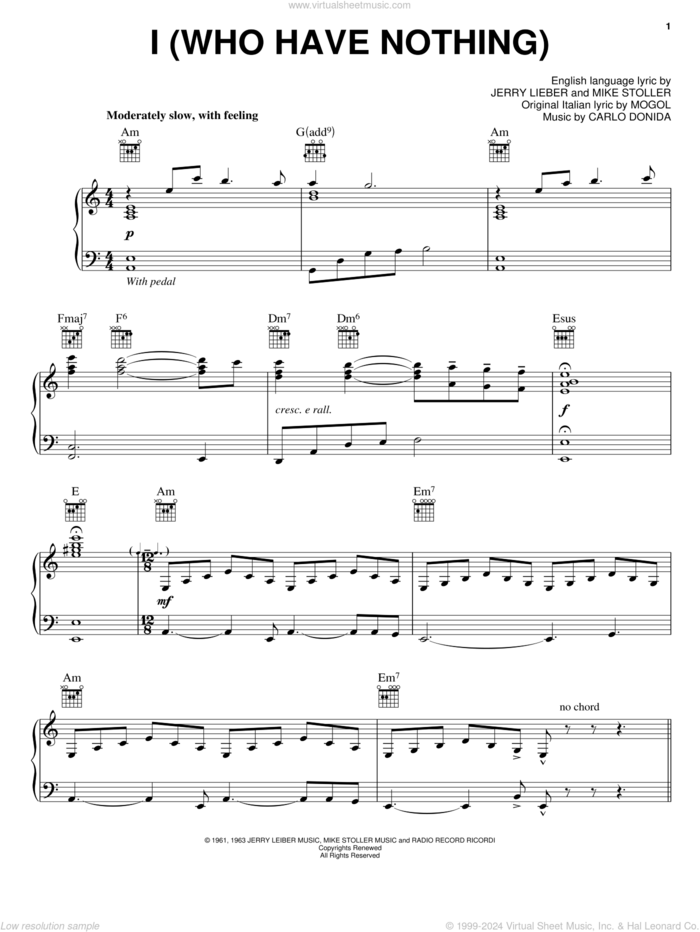 I (Who Have Nothing) sheet music for voice, piano or guitar by Carlo Donida, Jerry Leiber and Mike Stoller, intermediate skill level