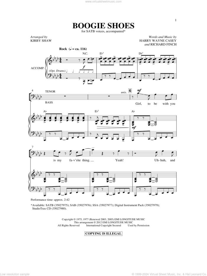 Boogie Shoes sheet music for choir (SATB: soprano, alto, tenor, bass) by Harry Wayne Casey, Richard Finch, Bee Gees, KC & The Sunshine Band and Kirby Shaw, intermediate skill level