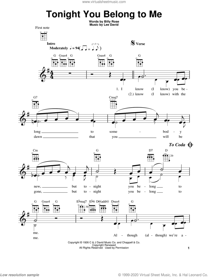 Tonight You Belong To Me sheet music for ukulele by Patience & Prudence, Billy Rose and Lee David, intermediate skill level