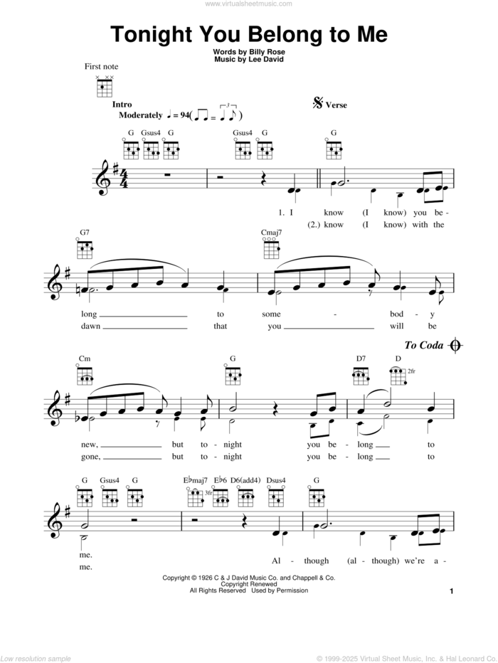 Tonight You Belong To Me sheet music for ukulele by Patience & Prudence, Billy Rose and Lee David, intermediate skill level