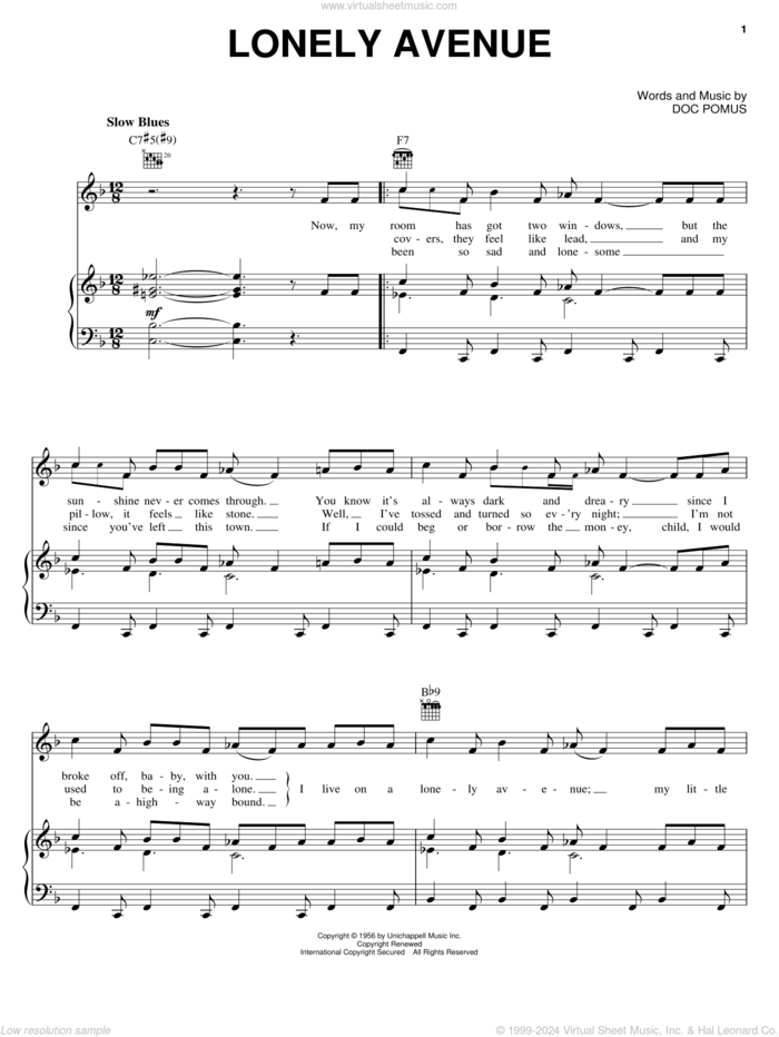 Lonely Avenue sheet music for voice, piano or guitar by Ray Charles, Doc Pomus and Jerome Pomus, intermediate skill level