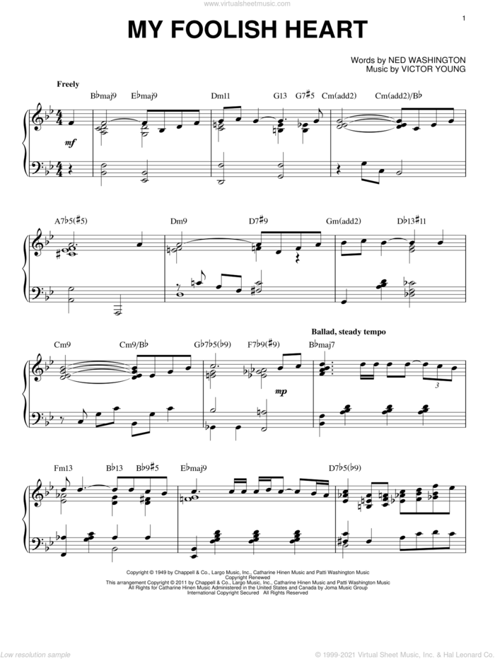 My Foolish Heart [Jazz version] (arr. Brent Edstrom) sheet music for piano solo by Bill Evans, Demensions, Ned Washington and Victor Young, intermediate skill level