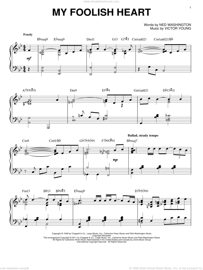 My Foolish Heart [Jazz version] (arr. Brent Edstrom) sheet music for piano solo by Bill Evans, Demensions, Ned Washington and Victor Young, intermediate skill level