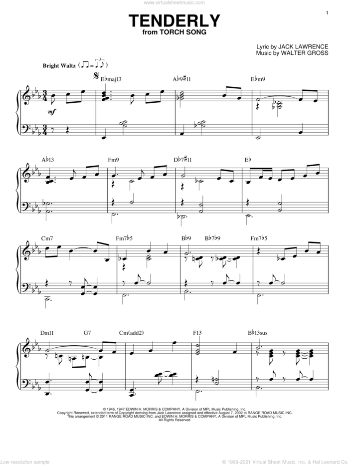 Tenderly [Jazz version] (arr. Brent Edstrom) sheet music for piano solo by Bill Evans, Jack Lawrence and Walter Gross, intermediate skill level