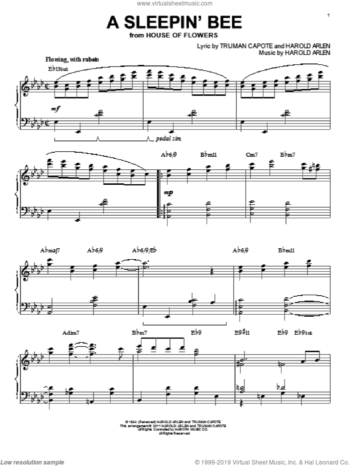 A Sleepin' Bee [Jazz version] (arr. Brent Edstrom) sheet music for piano solo by Bill Evans, Harold Arlen and Truman Capote, intermediate skill level