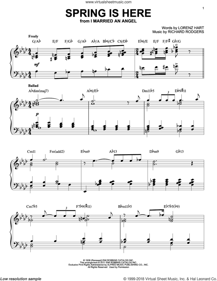 Spring Is Here [Jazz version] (arr. Brent Edstrom) sheet music for piano solo by Bill Evans, Lorenz Hart and Richard Rodgers, intermediate skill level