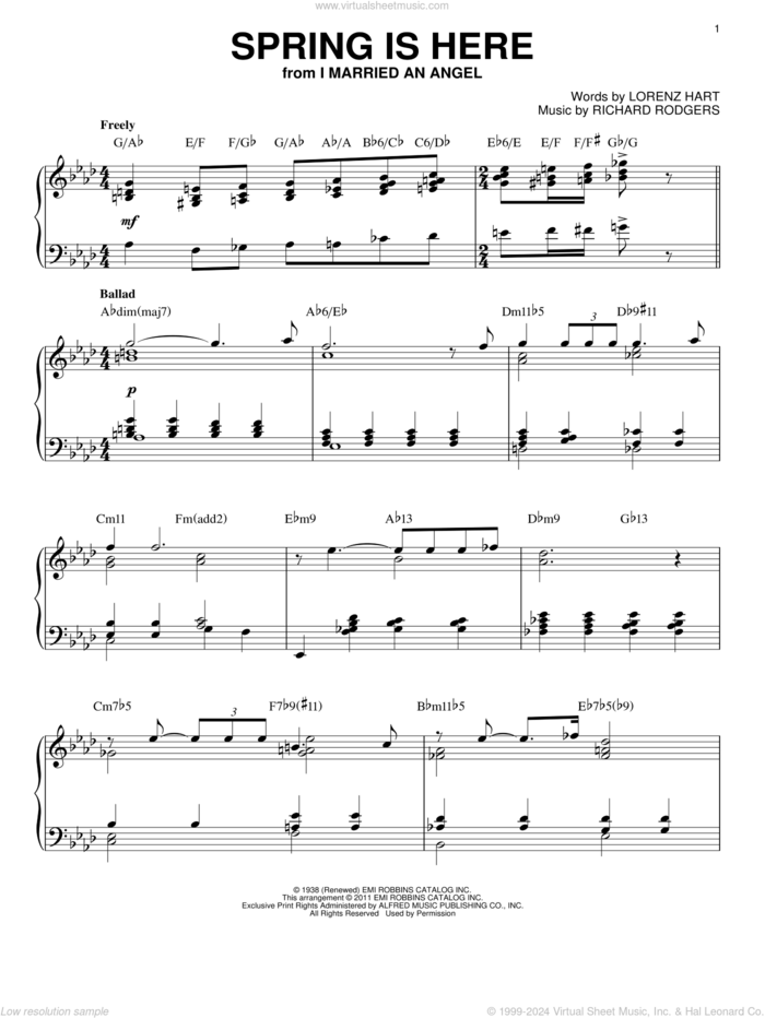 Spring Is Here [Jazz version] (arr. Brent Edstrom) sheet music for piano solo by Bill Evans, Lorenz Hart and Richard Rodgers, intermediate skill level