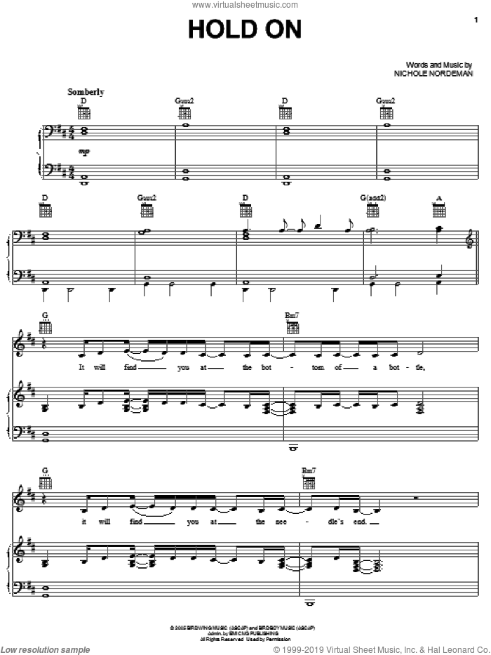 Hold On sheet music for voice, piano or guitar by Nichole Nordeman, intermediate skill level