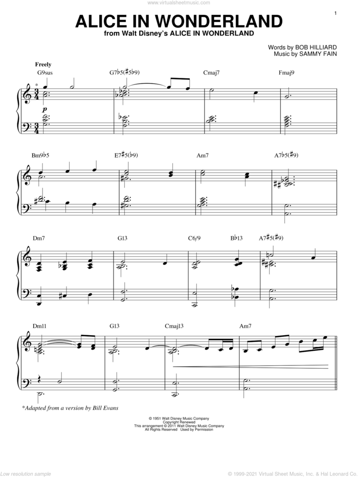 Alice In Wonderland [Jazz version] (arr. Brent Edstrom) sheet music for piano solo by Bill Evans, Bob Hilliard and Sammy Fain, intermediate skill level