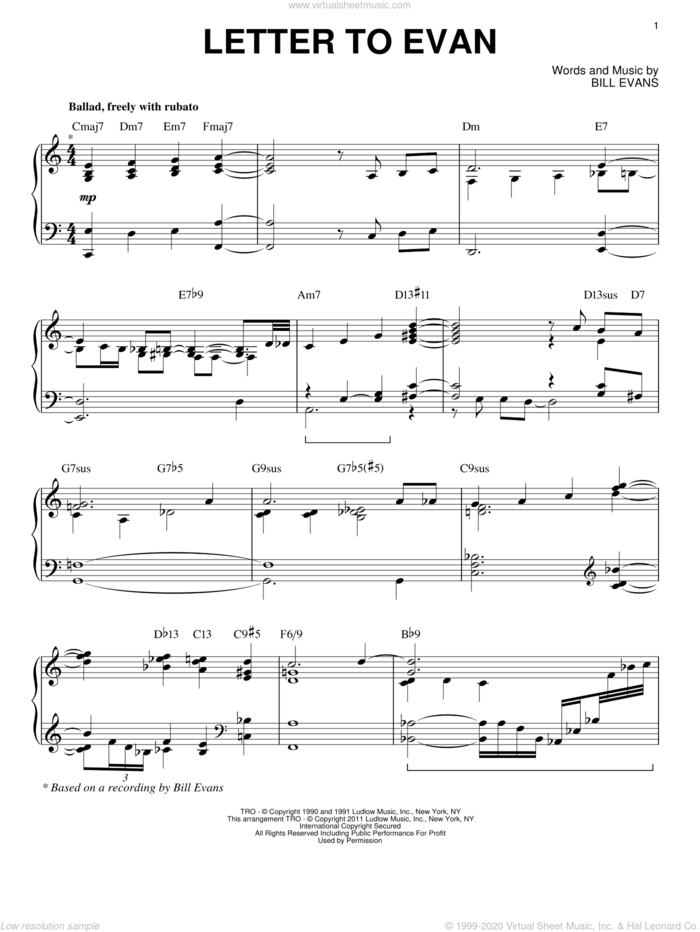 Letter To Evan [Jazz version] (arr. Brent Edstrom) sheet music for piano solo by Bill Evans, intermediate skill level