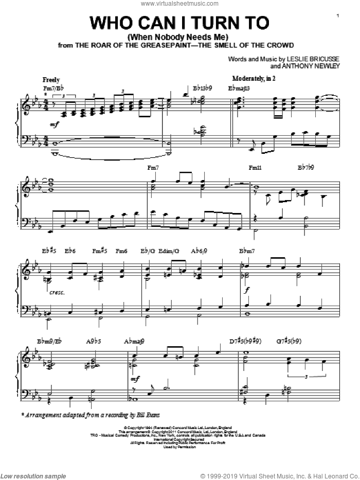 Who Can I Turn To (When Nobody Needs Me) [Jazz version] (arr. Brent Edstrom) sheet music for piano solo by Bill Evans, Anthony Newley and Leslie Bricusse, intermediate skill level