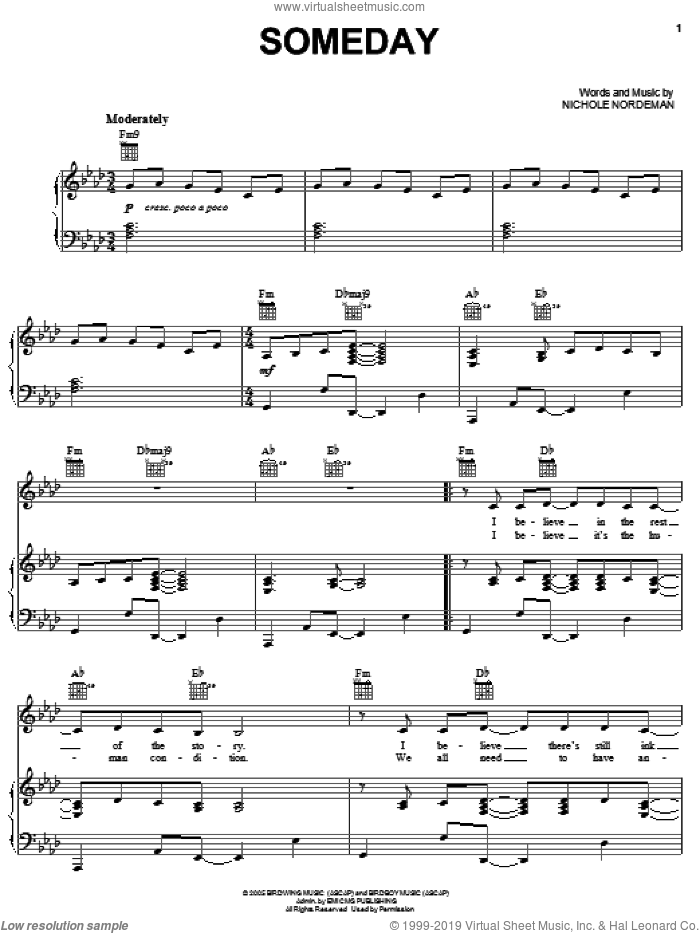 Someday sheet music for voice, piano or guitar by Nichole Nordeman, intermediate skill level