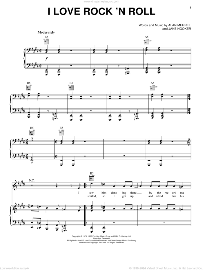 I Love Rock 'N Roll sheet music for voice, piano or guitar by Joan Jett & The Blackhearts, Joan Jett, Alan Merrill and Jake Hooker, intermediate skill level