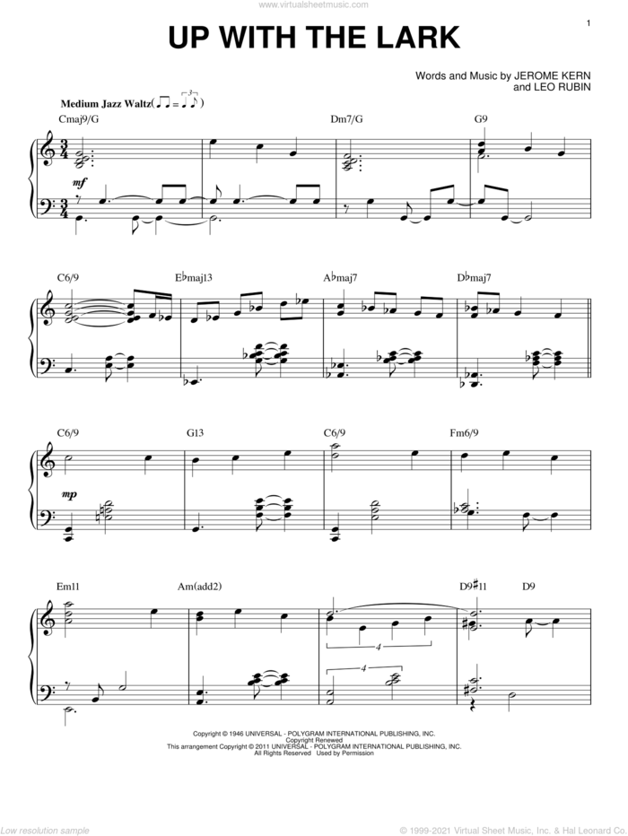 Up With The Lark [Jazz version] (arr. Brent Edstrom) sheet music for piano solo by Bill Evans, Jerome Kern and Leo Robin, intermediate skill level