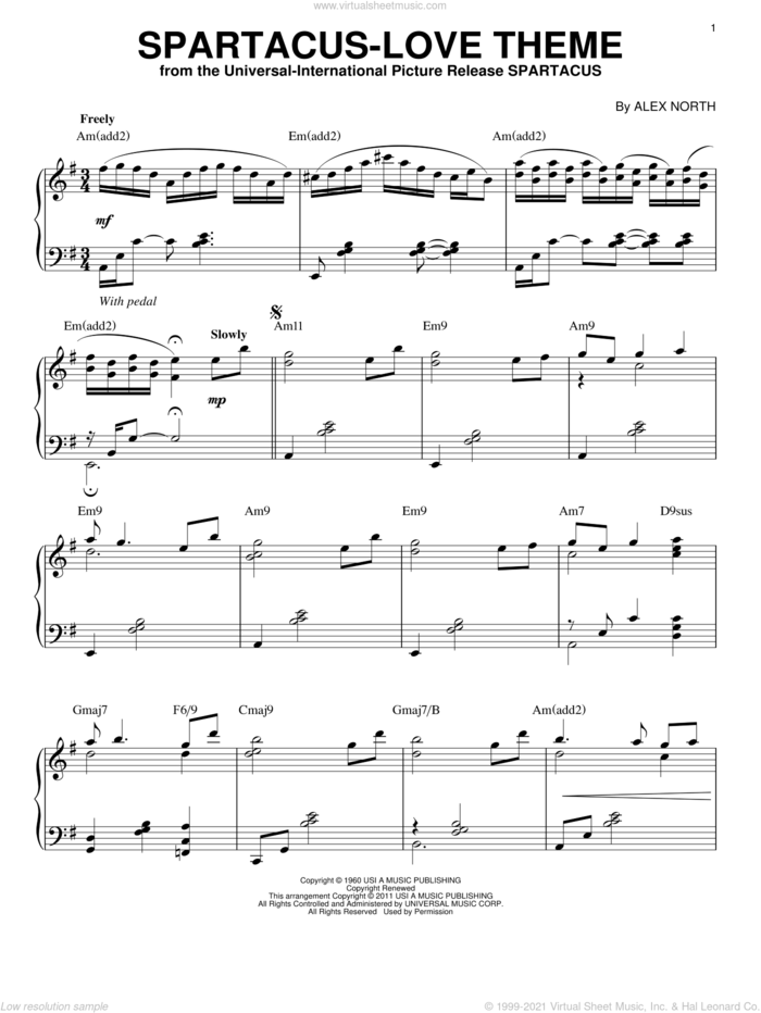Spartacus - Love Theme [Jazz version] (arr. Brent Edstrom) sheet music for piano solo by Bill Evans and Alex North, intermediate skill level
