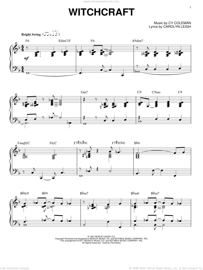 Witchcraft [Jazz version] (arr. Brent Edstrom) sheet music for piano solo by Bill Evans, Carolyn Leigh and Cy Coleman, intermediate skill level