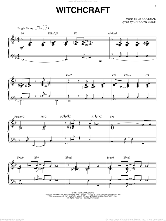 Witchcraft [Jazz version] (arr. Brent Edstrom) sheet music for piano solo by Bill Evans, Carolyn Leigh and Cy Coleman, intermediate skill level