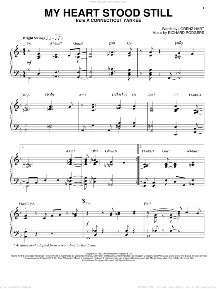 My Heart Stood Still [Jazz version] (arr. Brent Edstrom) sheet music for piano solo by Bill Evans, Artie Shaw, Stan Getz, Lorenz Hart and Richard Rodgers, intermediate skill level