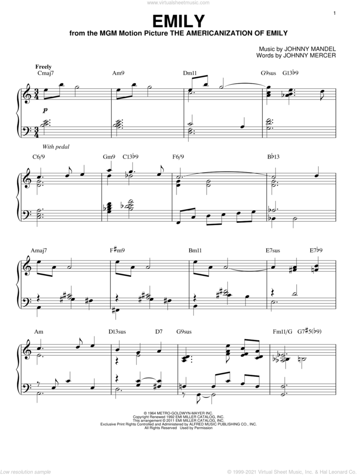 Emily [Jazz version] (arr. Brent Edstrom) sheet music for piano solo by Bill Evans, Johnny Mandel and Johnny Mercer, intermediate skill level