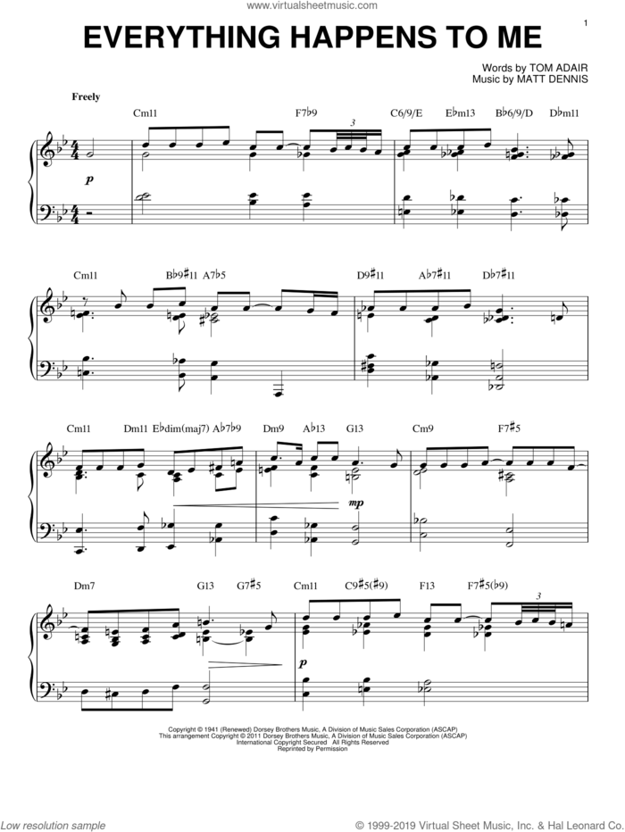 Everything Happens To Me [Jazz version] (arr. Brent Edstrom) sheet music for piano solo by Bill Evans, Matt Dennis and Tom Adair, intermediate skill level